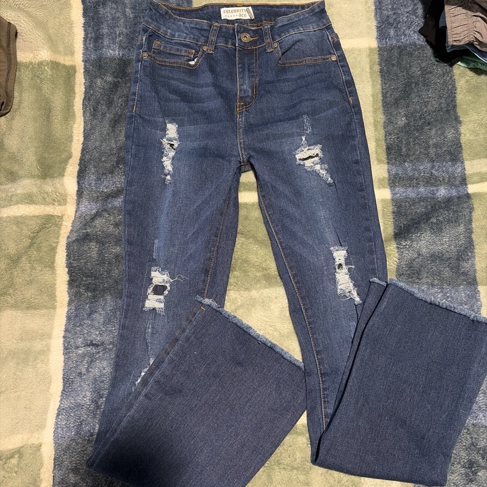 Celebrity Ace Dark Blue Distressed Flare Jeans